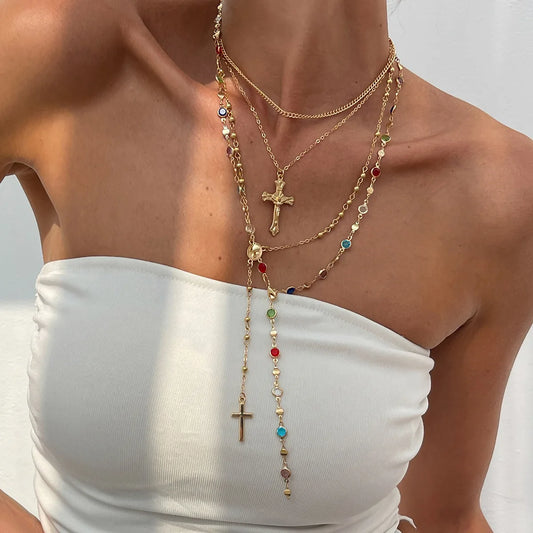 Cross Pendant Choker Necklace Colorful Crystal Chain