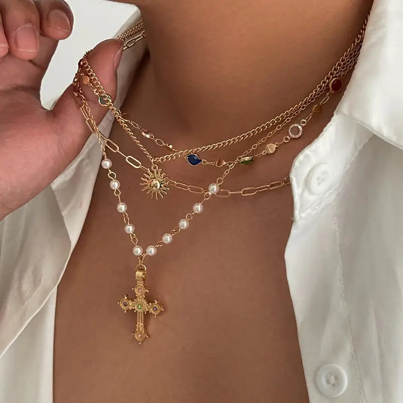 Sun & Cross Pendant Chain Necklaces