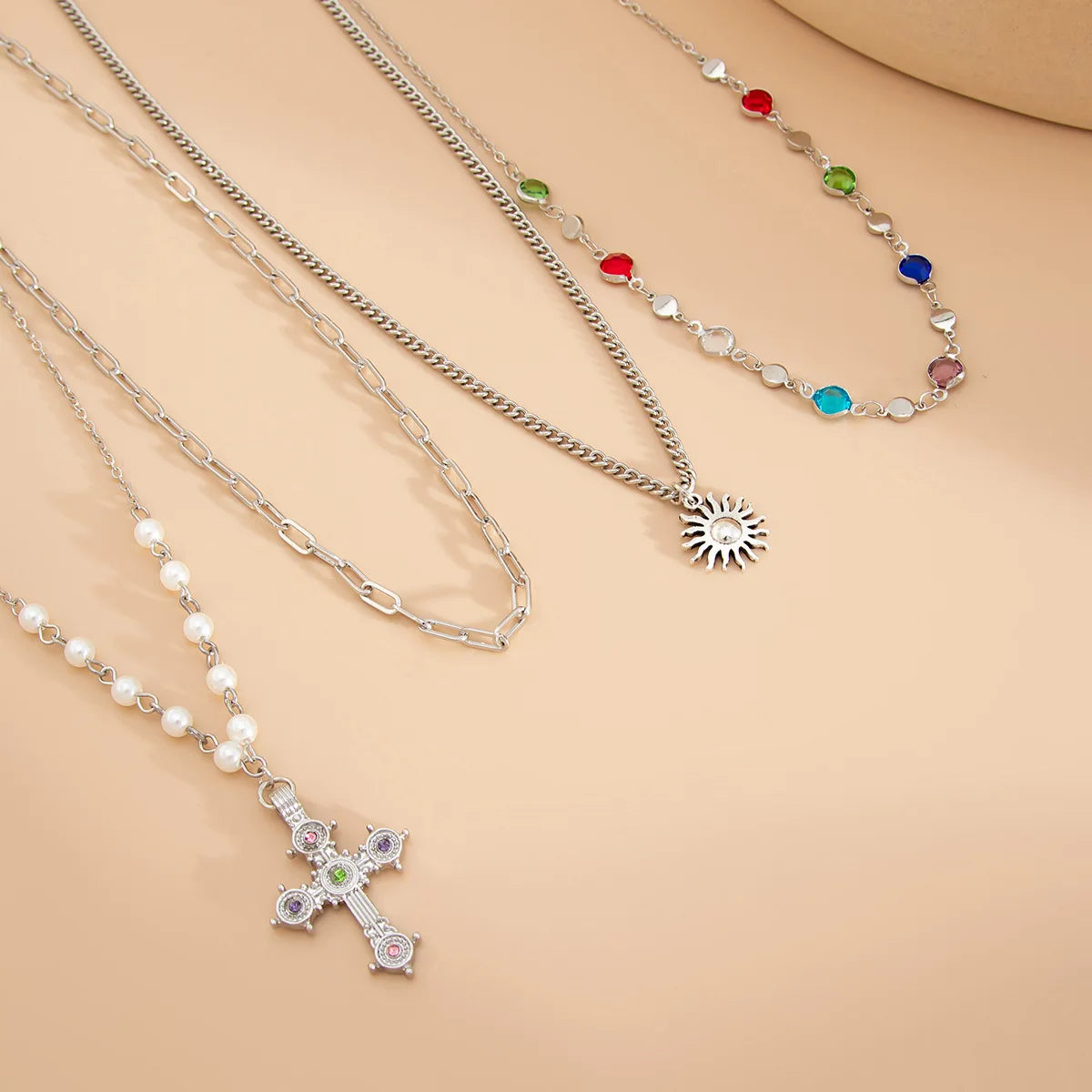 Sun & Cross Pendant Chain Necklaces